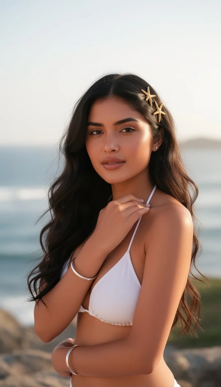 Gold Starfish Hair Clips And Silver Bangles A beautiful 34-year-old woman with long, dark, wavy hair wears a white bikini top, accessorized with gold starfish hair clips and simple silver bangles, standing against a blurred coastal backdrop with soft sunlight hitting her face.