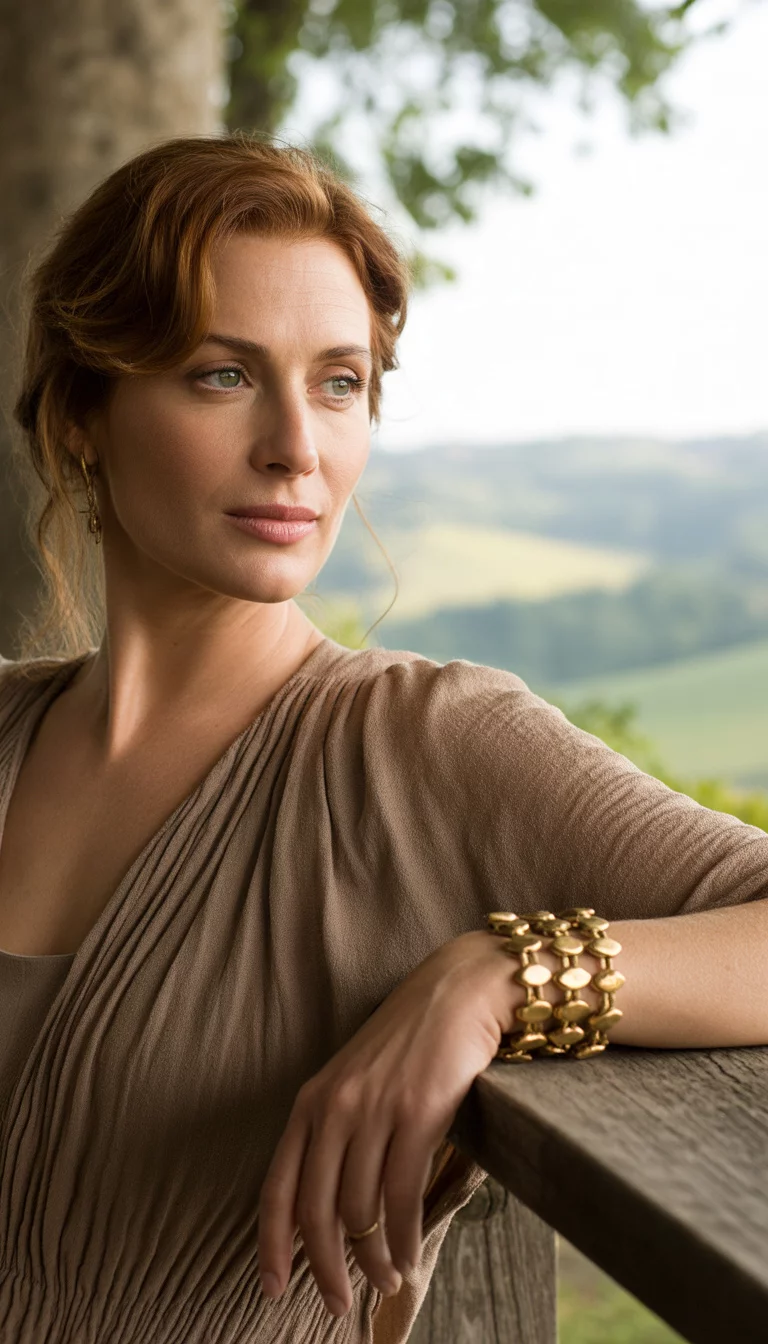 Chunky Gold Link Bracelet A beautiful 42-year-old woman in a brown, open-knit dress wears a chunky, gold-toned bracelet composed of large, rounded, polished links on her wrist, resting her hand on a wooden railing.