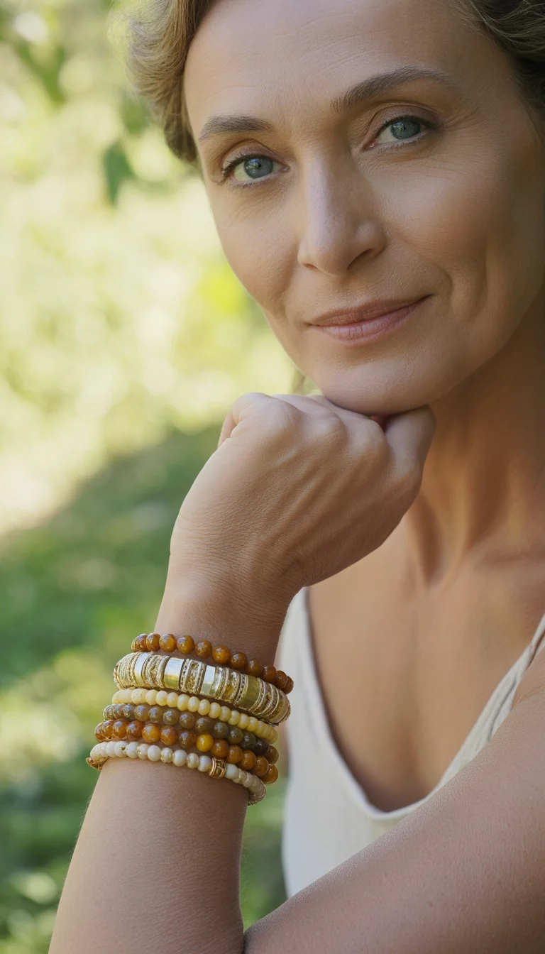 Amber And Cream Beaded Bracelets A beautiful 45-year-old woman wears multiple stacked bracelets in shades of amber and cream, featuring both smooth polished beads and faceted, shimmering beads on her wrist.