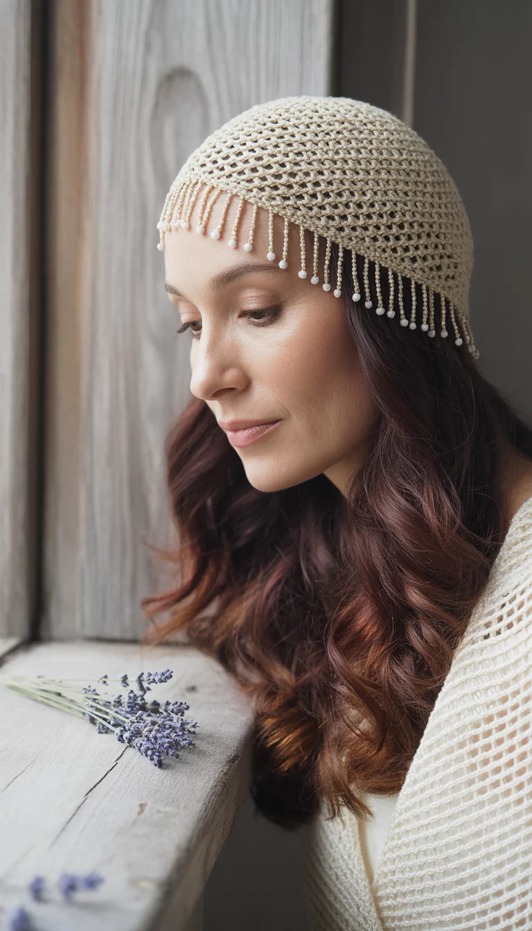 Crocheted Head Covering With Beaded Fringe A beautiful 40-year-old woman with long, dark auburn ombre wavy hair wears a crocheted cream head covering with white beaded fringe, paired with a cream, open-knit top in a soft light setting.