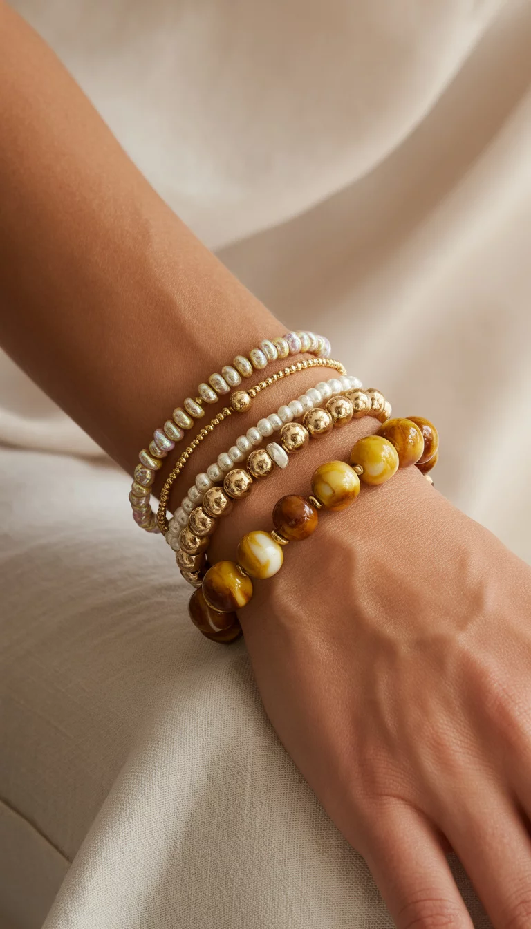 Amber And Iridescent Beaded Stack A beautiful 41-year-old woman shows a close-up focusing on her wrist showcasing a stack of five bracelets, featuring amber-toned glossy beads and lighter, iridescent beaded strands.
