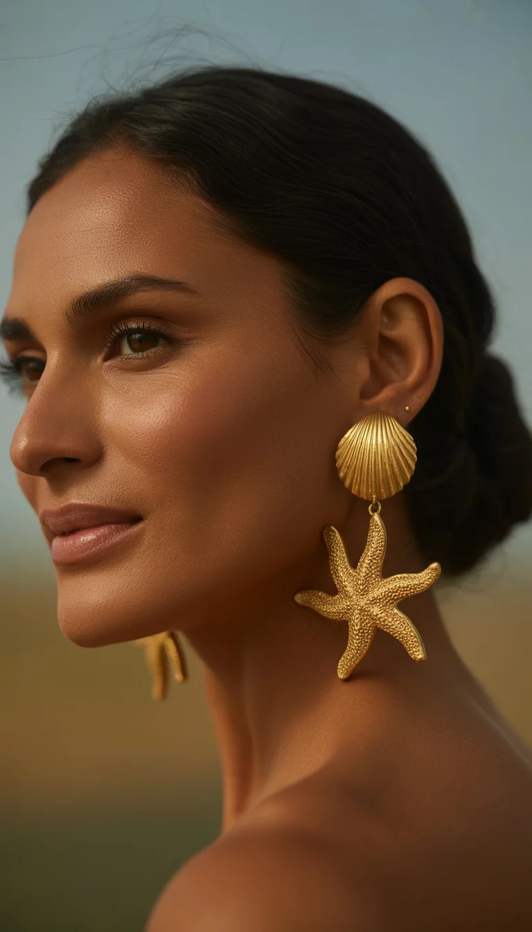 Scallop And Starfish Dangling Earrings A beautiful 39-year-old woman shows a close-up of her ear showcasing large, gold, dangling earrings shaped like a scallop seashell at the top and a textured starfish below, her hair tucked back.