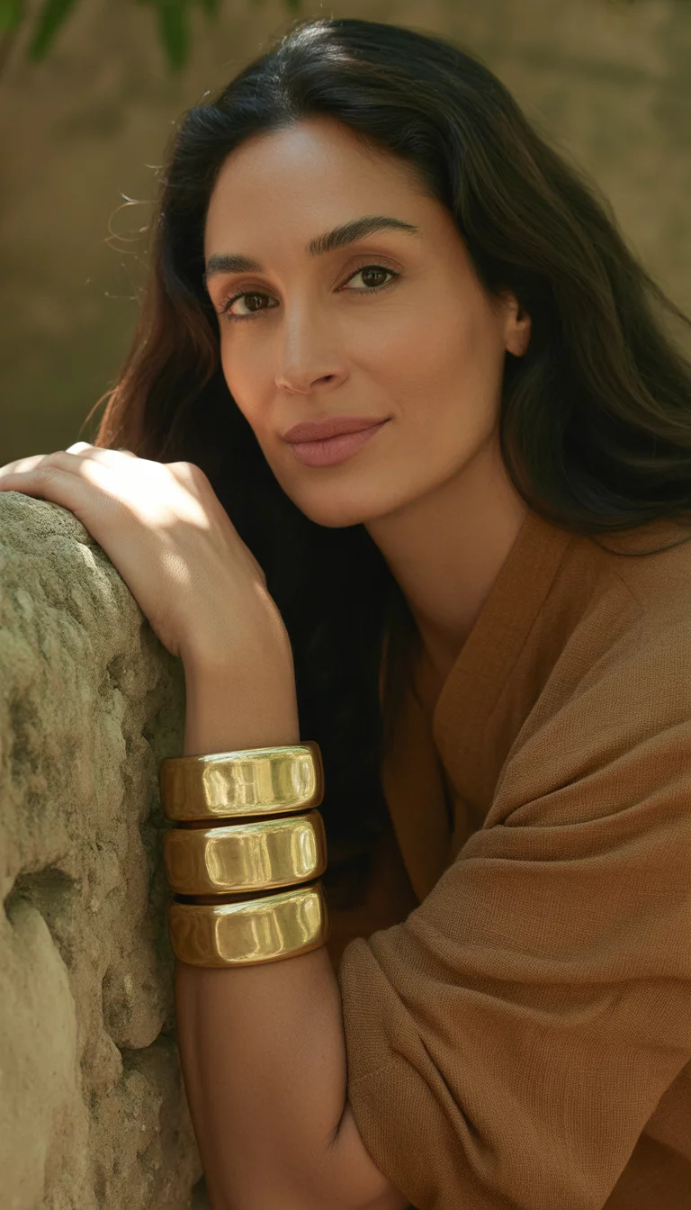 Chunky Square Gold Bangles A beautiful 43-year-old woman with long dark hair wears a set of four chunky, square-shaped, polished gold metal bangles stacked on her wrist over a brown top, resting her hand on a stone wall.
