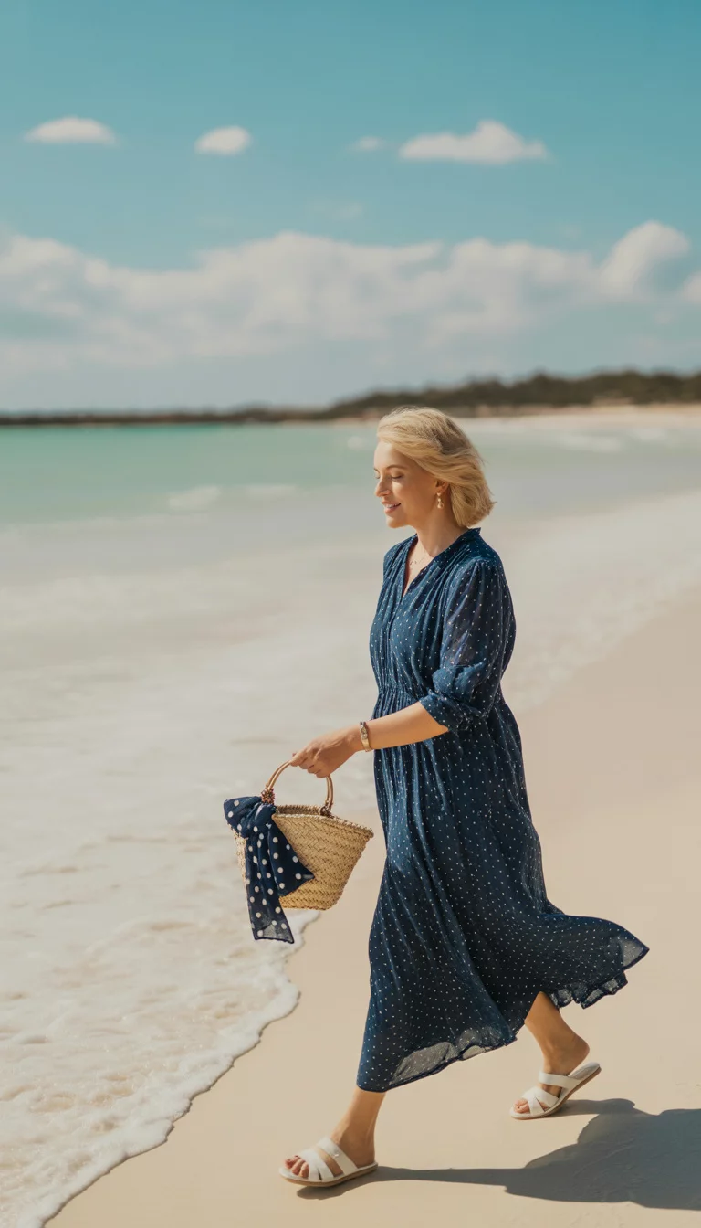 Small Straw Basket Bag With Polka Dot Scarf A beautiful 38-year-old woman wearing a navy blue polka dot dress and white sandals carrying a small curved straw basket bag with a navy and white polka-dot scarf, summer beach.