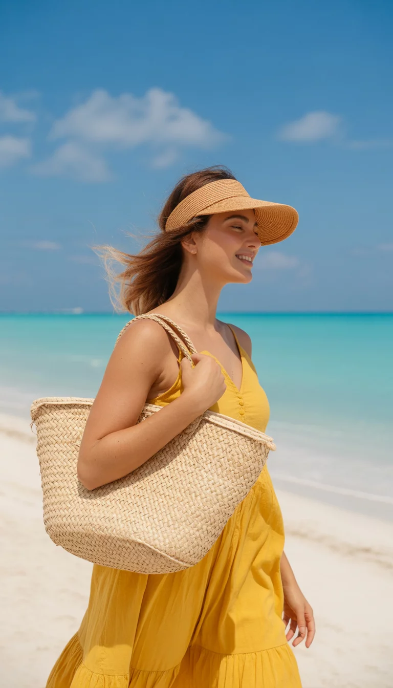 Large Open Weave Airy Straw Tote A beautiful 36-year-old woman wearing a yellow sundress and a tan straw visor carrying a large natural straw-colored tote bag with an open weave, summer beach.