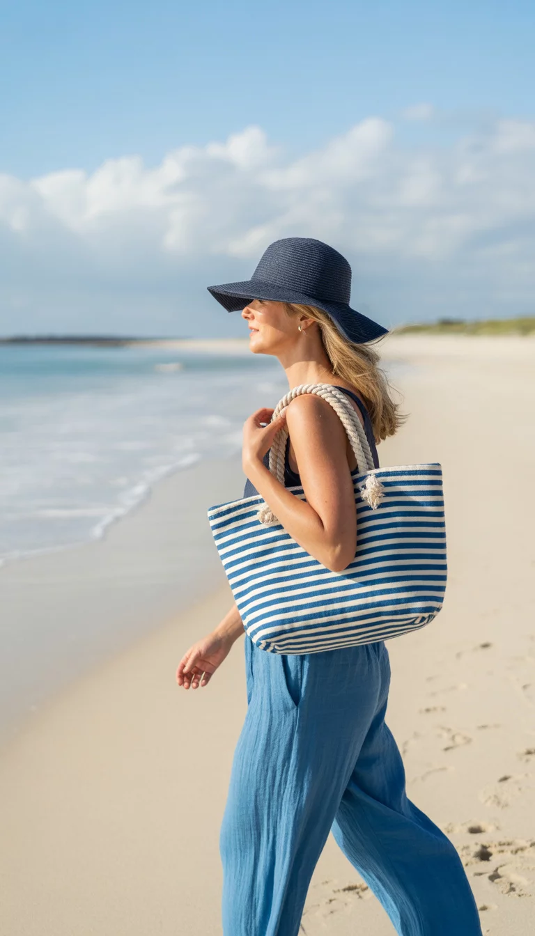 Blue And White Striped Utility Beach Tote A beautiful 48-year-old woman wearing a navy sun hat and blue linen pants carrying a blue and white striped canvas beach tote with thick white rope handles, summer beach.