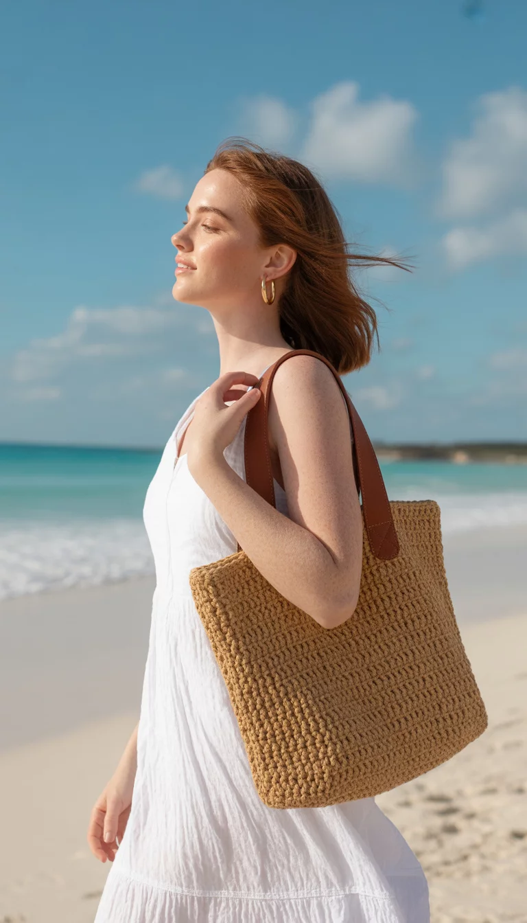 Open Weave Crochet Tote With Faux Leather Straps A beautiful 28-year-old woman wearing a white linen sundress and gold hoop earrings carrying a tan open-weave crochet tote bag with brown faux-leather shoulder straps, summer beach.