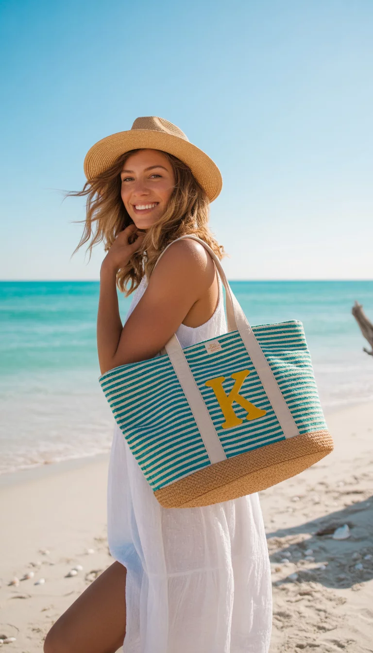 Teal Striped Canvas Tote With Tan Base A beautiful 26-year-old woman wearing a white sundress and a straw fedora carrying a teal and white striped canvas beach tote with a tan base and gold initial K, summer beach.