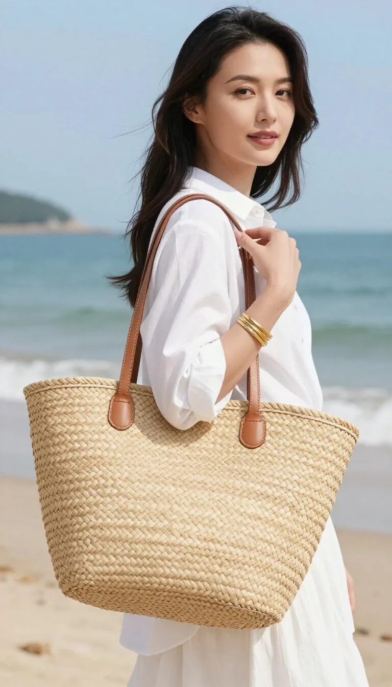 Densely Woven Classic Beige Straw Tote A beautiful 41-year-old woman wearing a white button down shirt and gold bangles carrying a medium-sized densely woven straw tote bag in natural beige, summer beach.