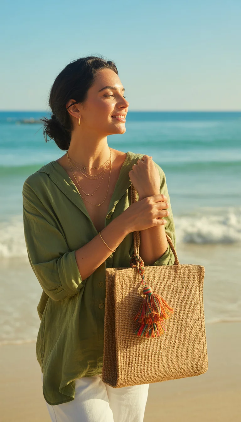 Structured Rectangular Jute Tote With Tassel Charm A beautiful 45-year-old woman wearing an olive green linen shirt and gold layered necklaces carrying a rectangular natural brown jute tote bag with a multi-colored tassel charm, summer beach.