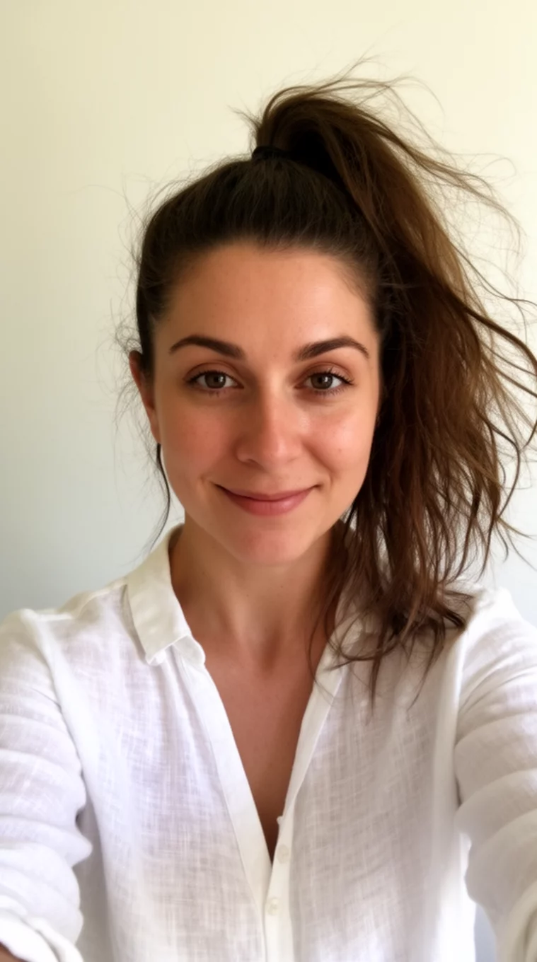 selfie of a 31-year-old woman wearing a white linen shirt with a Joyful Wind Blown High Pony hairstyle, front view, minimal background