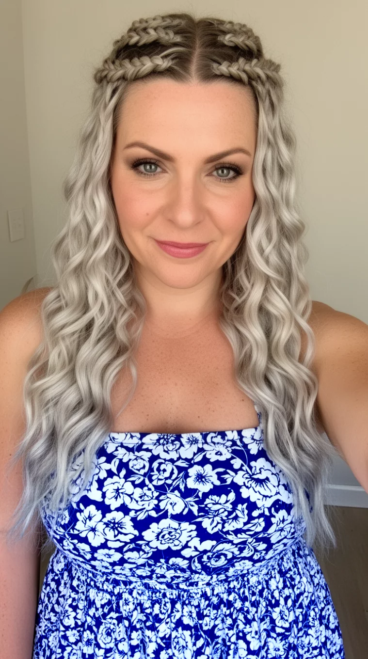 selfie of a 34-year-old woman wearing a blue and white floral sundress with a Boho Braids In Platinum Waves hairstyle, front view, minimal background