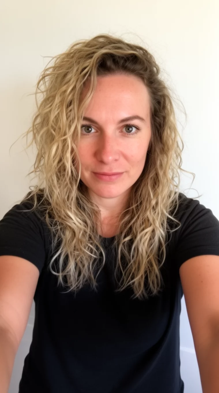 selfie of a 30-year-old woman wearing a black t-shirt with a Messy Sun Drenched Tresses hairstyle, front view, minimal background