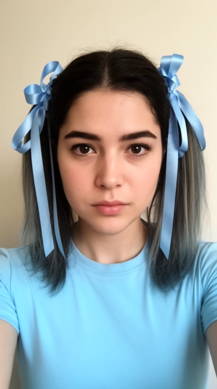 selfie of a 27-year-old woman wearing a light blue top with a Sky Blue Pigtail Ribbons hairstyle, front view, minimal background