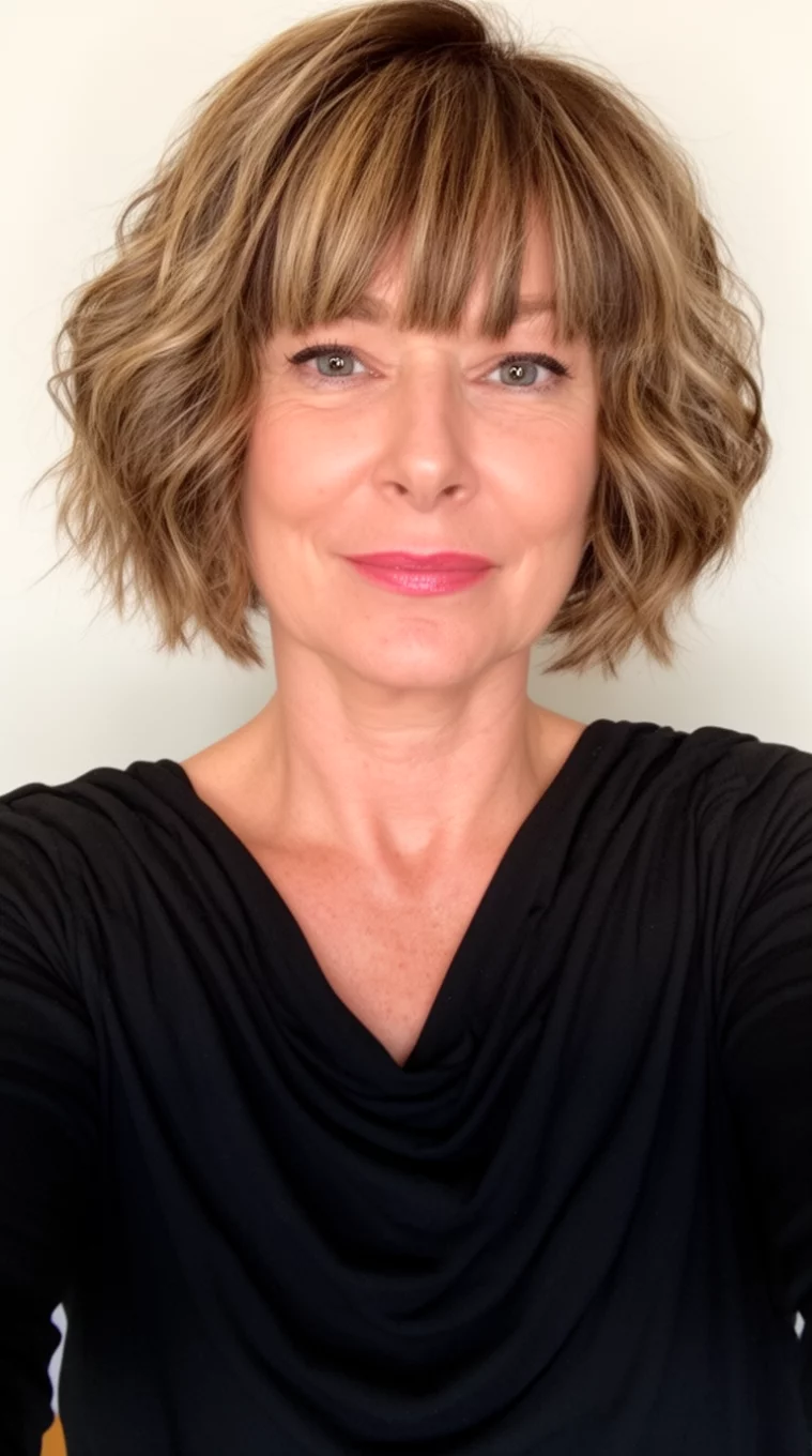 selfie of a 48-year-old woman wearing a black draped top with a Short Wavy Statement Bangs hairstyle, front view, minimal background