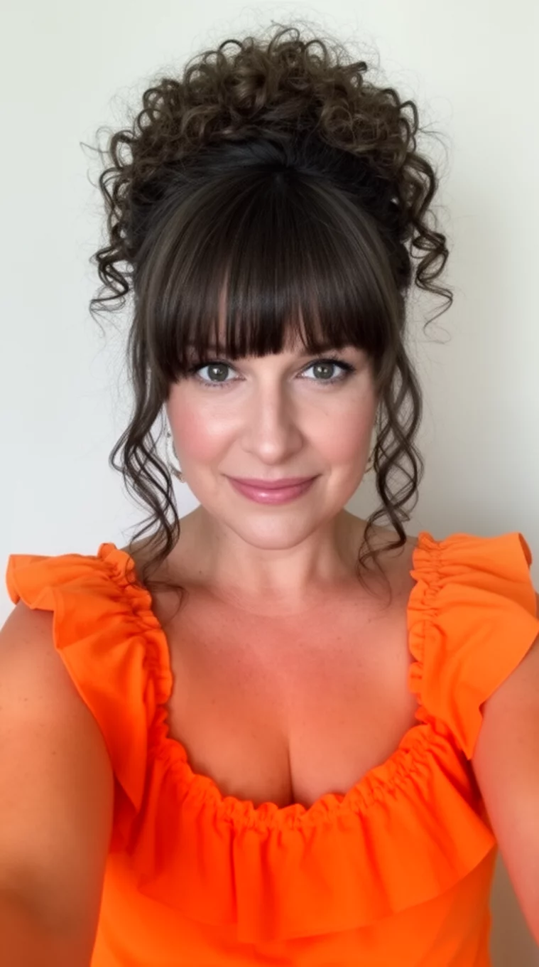 selfie of a 36-year-old woman wearing an orange ruffled top with a Curly Updo With Framing Bangs hairstyle, front view, minimal background