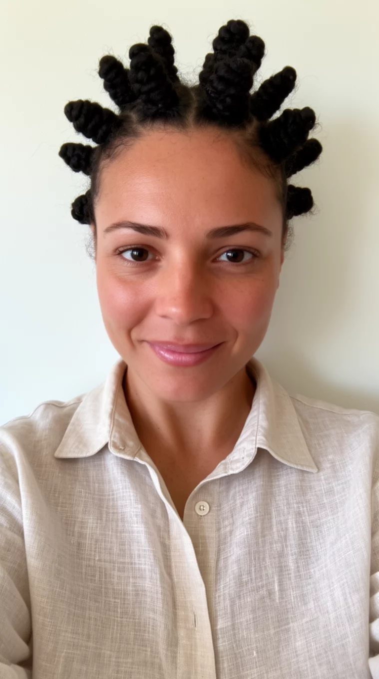 selfie of a 33-year-old woman wearing a light linen collared shirt with a Sunny Beach Bantu Knots hairstyle, front view, minimal background