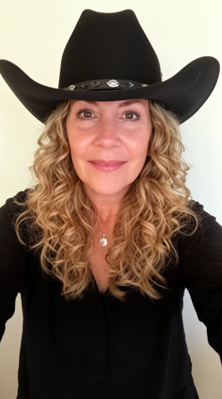 selfie of a 40-year-old woman wearing a black outfit and cowboy hat with an Ocean Cowboy Hat hairstyle, front view, minimal background