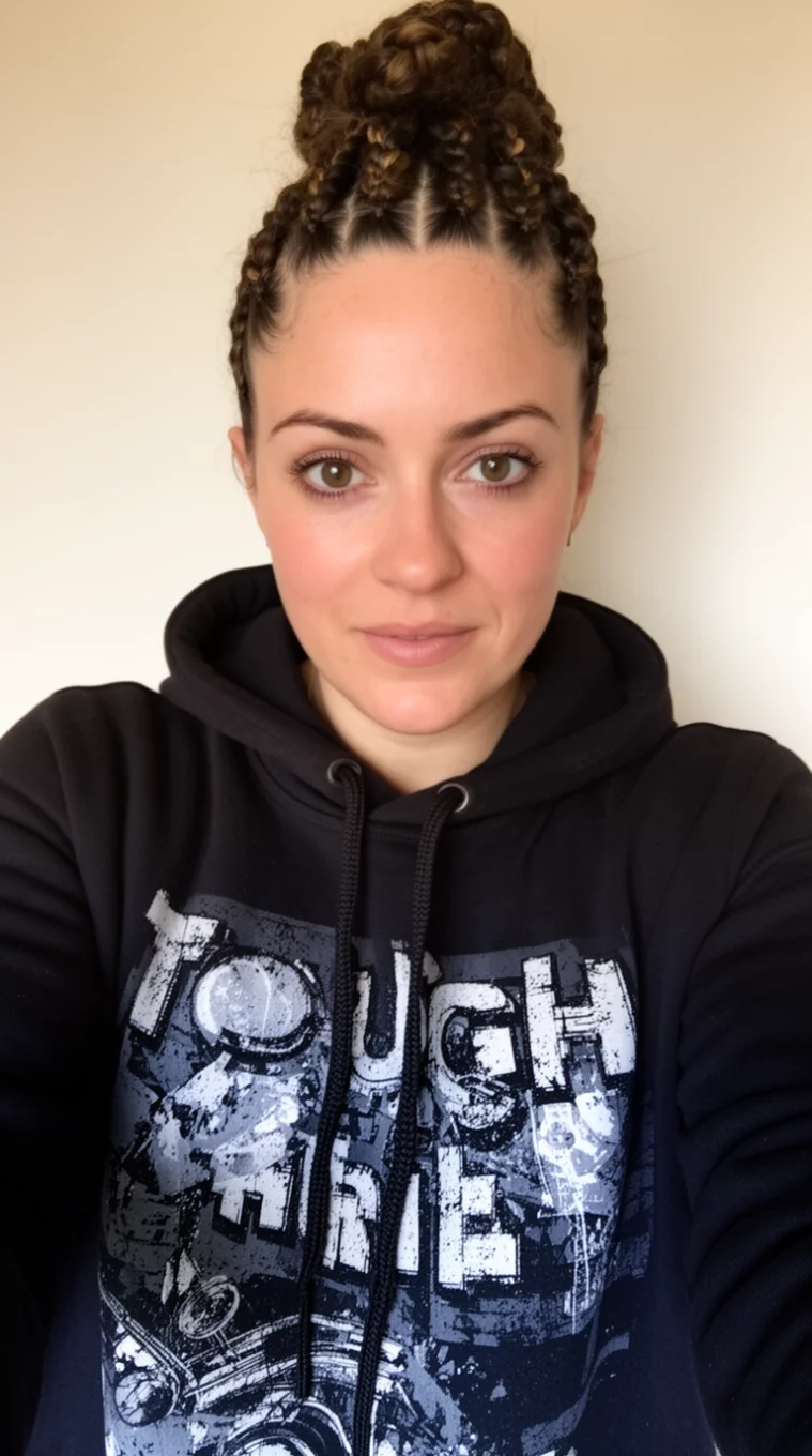 selfie of a 33-year-old woman wearing a black graphic hoodie with a Tough Girl Cornrow Braids hairstyle, front view, minimal background
