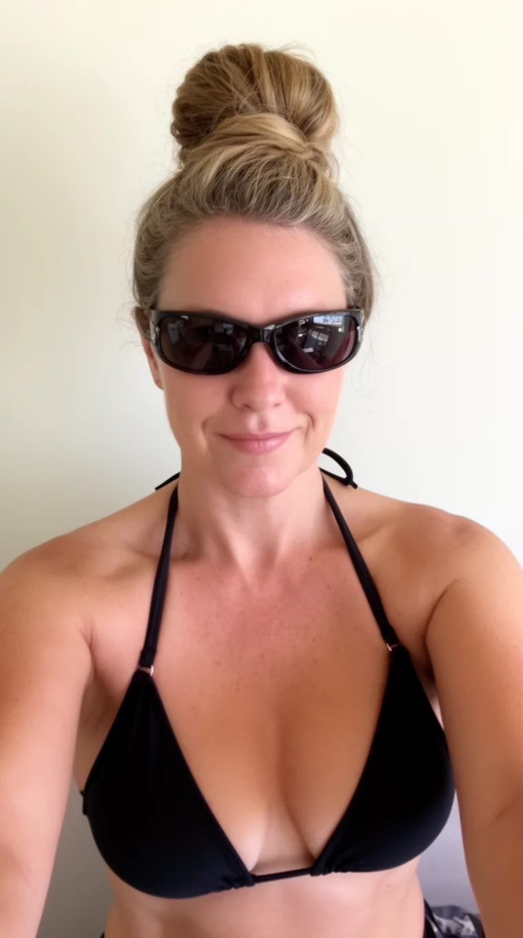 selfie of a 42-year-old woman wearing a black bikini and sunglasses with a Sheer Tan Cover Up Bun hairstyle, front view, minimal background