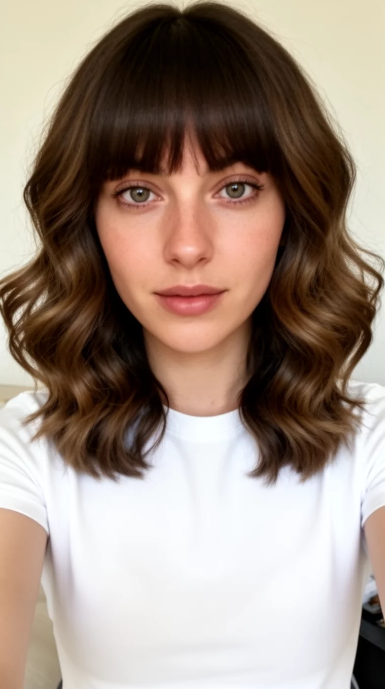 selfie of a 28-year-old woman wearing a white top with a Shoulder Length Waves And Bangs hairstyle, front view, minimal background