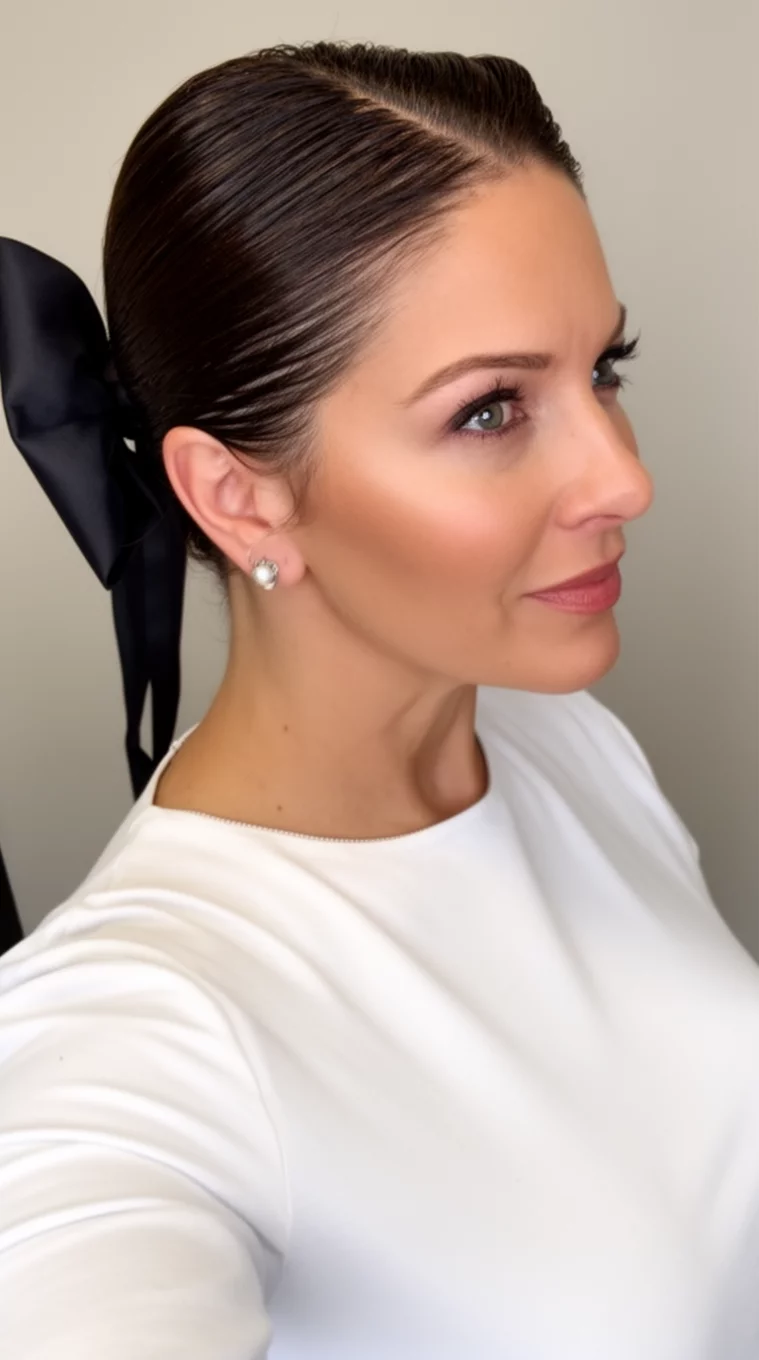 selfie of a 41-year-old woman wearing a white top with a Slicked Back Dramatic Bow hairstyle, side view, minimal background