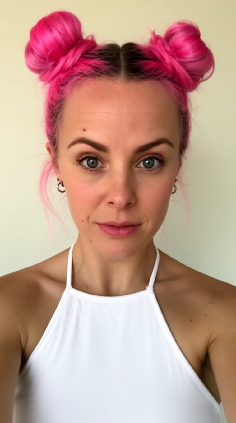 selfie of a 31-year-old woman wearing a white halter top with a Playful Pink Space Buns hairstyle, front view, minimal background