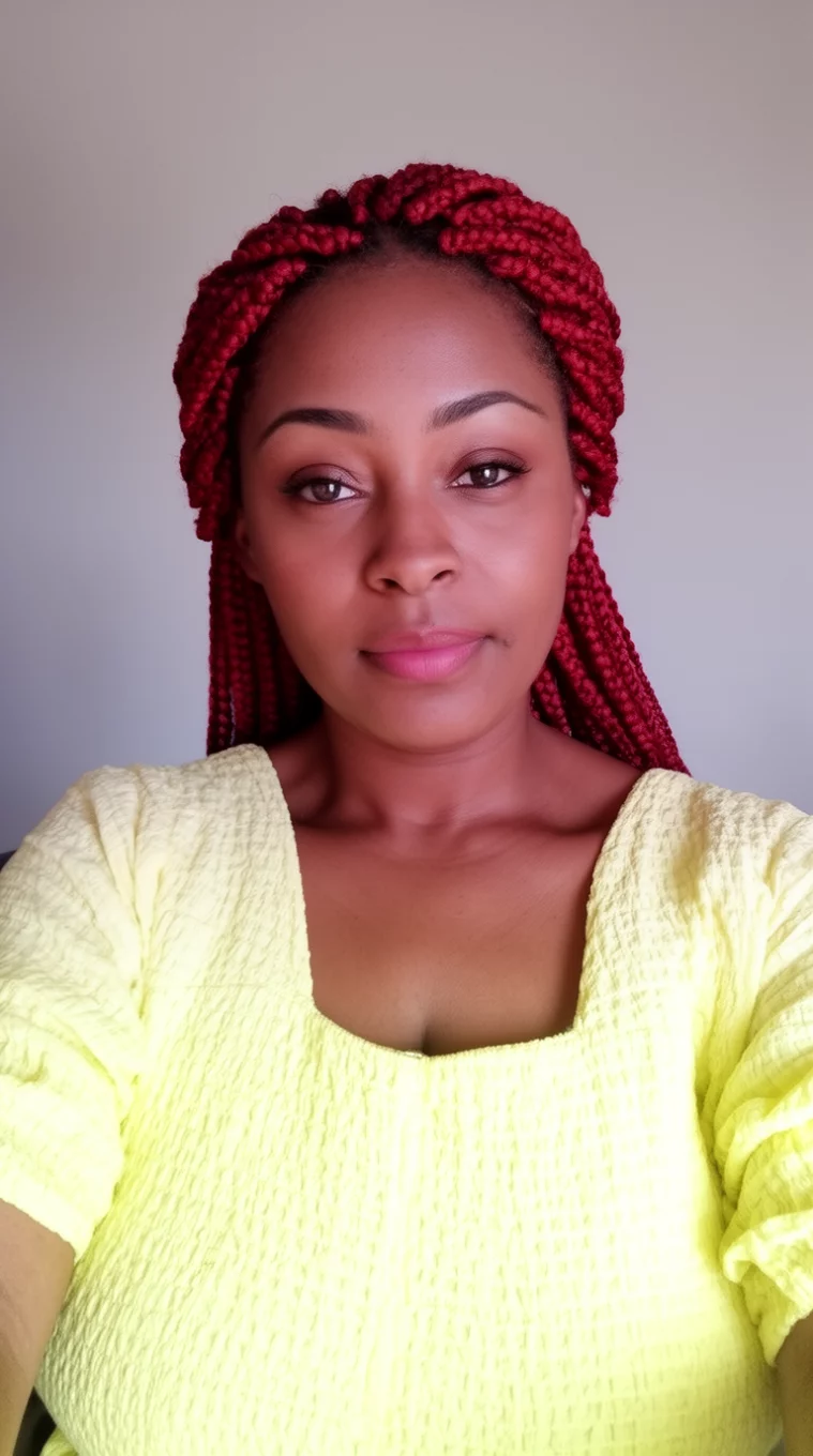 selfie of a 36-year-old woman wearing a light yellow textured dress with a Reddish Braided hairstyle, front view, minimal background