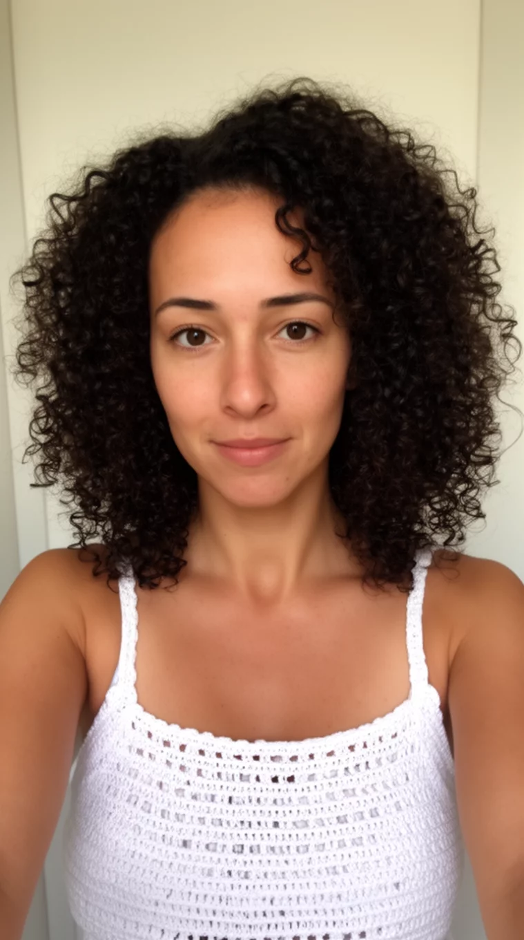 selfie of a 32-year-old woman wearing a white crocheted tank top with a Natural Dark Curls hairstyle, front view, minimal background