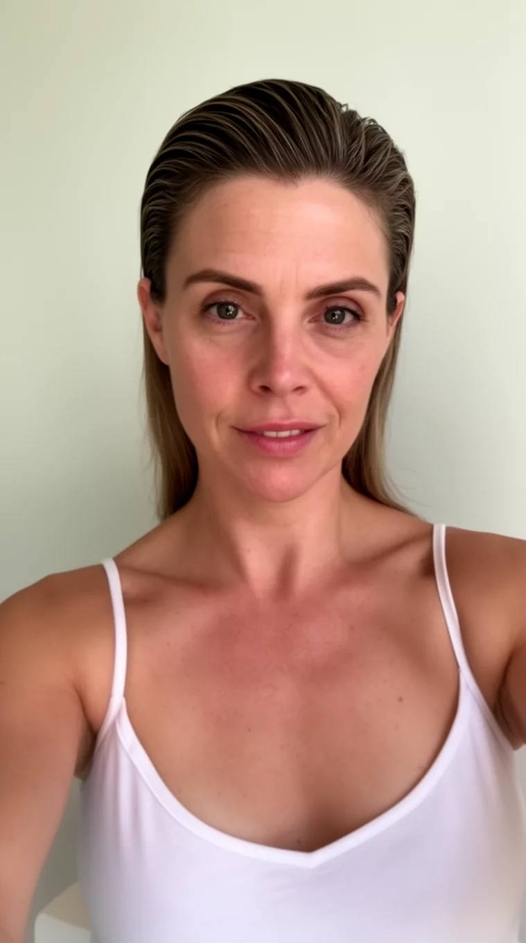 selfie of a 39-year-old woman wearing a white spaghetti strap top with a Slicked Mid Part hairstyle, front view, minimal background
