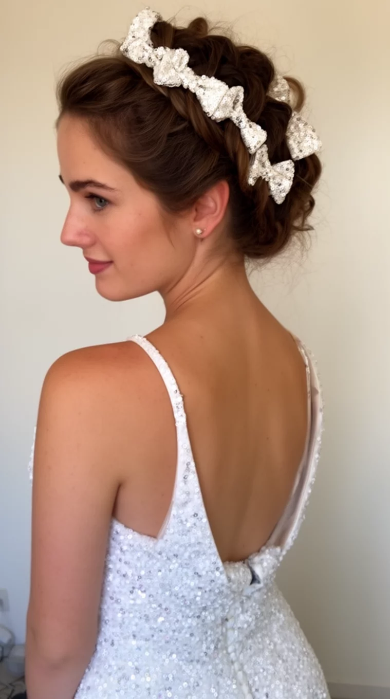 selfie of a 27-year-old woman wearing a white backless sequined dress with a Grand Sequin Braid With Bows hairstyle, side view, minimal background