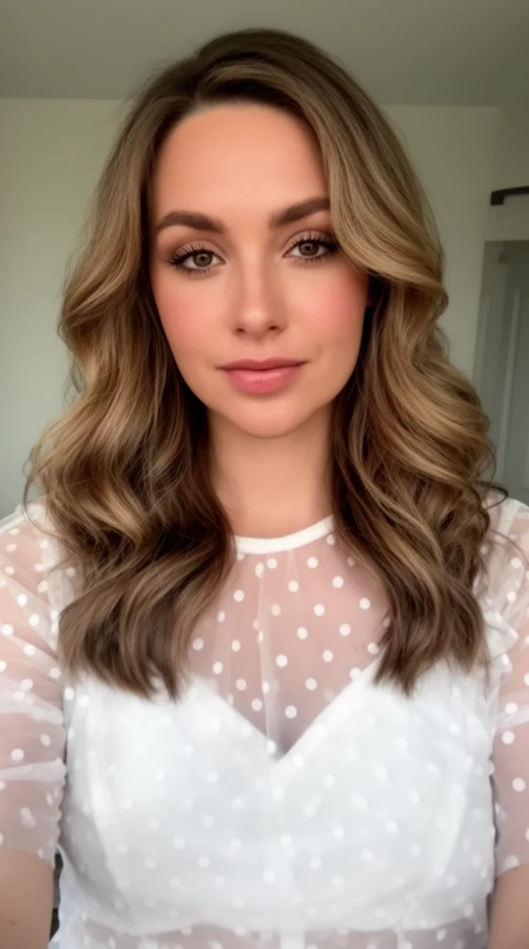 selfie of a 28-year-old woman wearing a sheer white polka dot top with a Soft Sheer Mirror Selfie Waves hairstyle, front view, minimal background