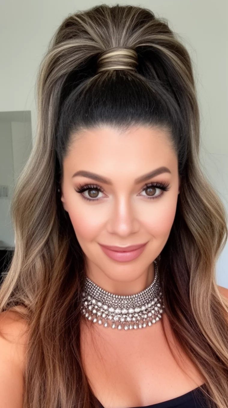 selfie of a 35-year-old woman wearing a silver neckpiece with a Voluminous High Fashion Ponytail hairstyle, front view, minimal background