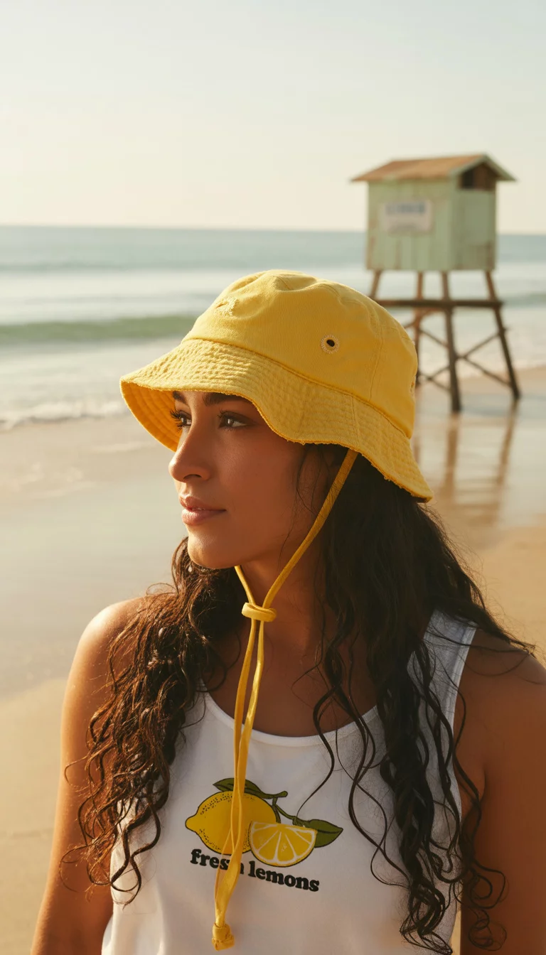 A beautiful woman with long dark hair, summer beach, wears a distressed yellow bucket hat with a chin strap, paired with a white 'Fresh Lemons' graphic tank top.