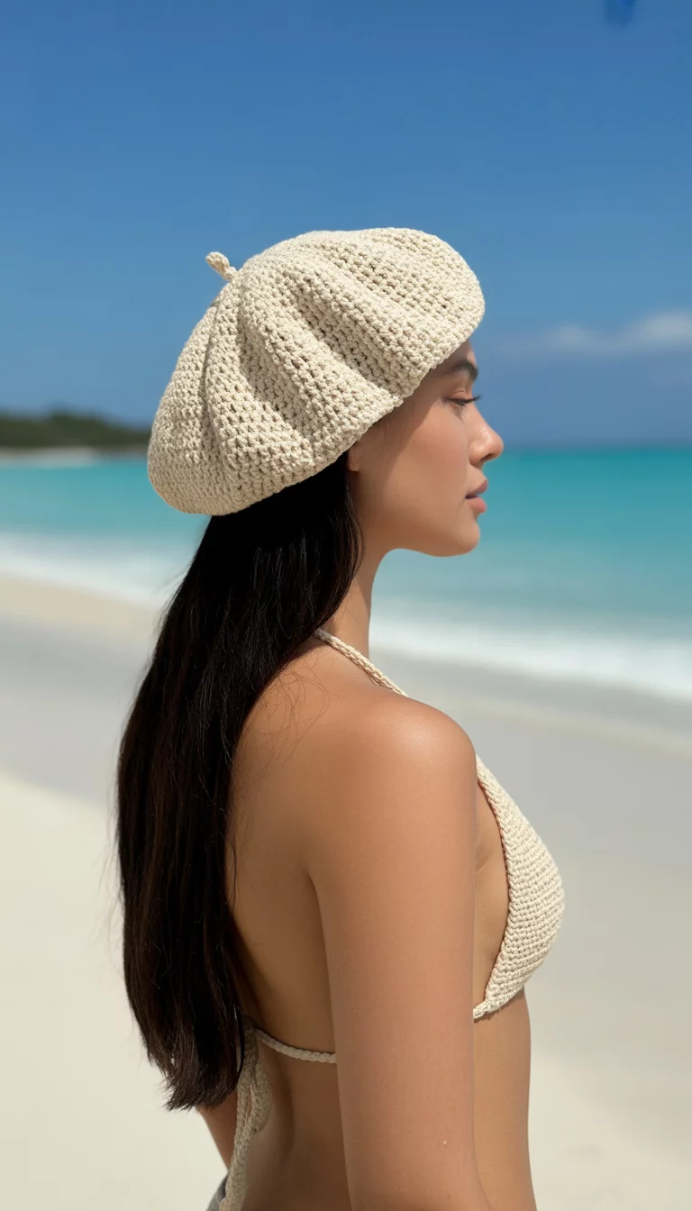 A beautiful woman with long straight black hair, summer beach, wears a cream-colored, tightly crocheted beret and a plain cream-colored halter bikini top.