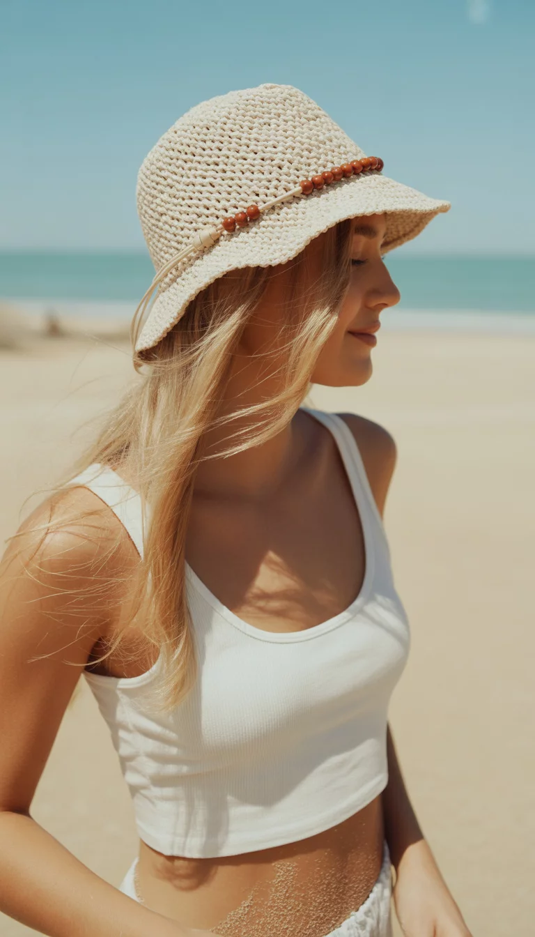 A beautiful woman with long blonde hair, summer beach, wears a loosely woven, light beige bucket hat with red/brown beads on a string, paired with a white cropped tank top.