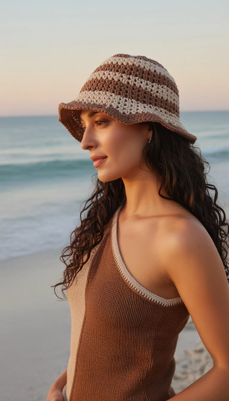 A beautiful woman with long dark hair, summer beach, wears a brown and beige variegated open-crochet bucket hat, paired with a brown one-shoulder knit top with a light trim.
