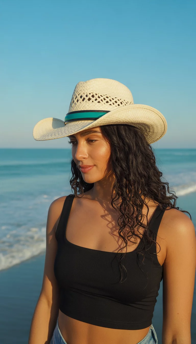 A beautiful woman with long dark hair, summer beach, wears a cream-colored woven cowboy hat with a black and turquoise leather-like band, paired with a black square-neck crop top.