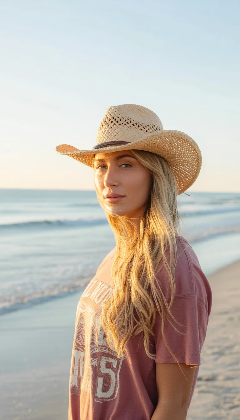 A beautiful woman with long blonde hair, summer beach, wears a distressed natural straw cowboy hat with a chin strap, paired with a dusty rose colored graphic t-shirt.