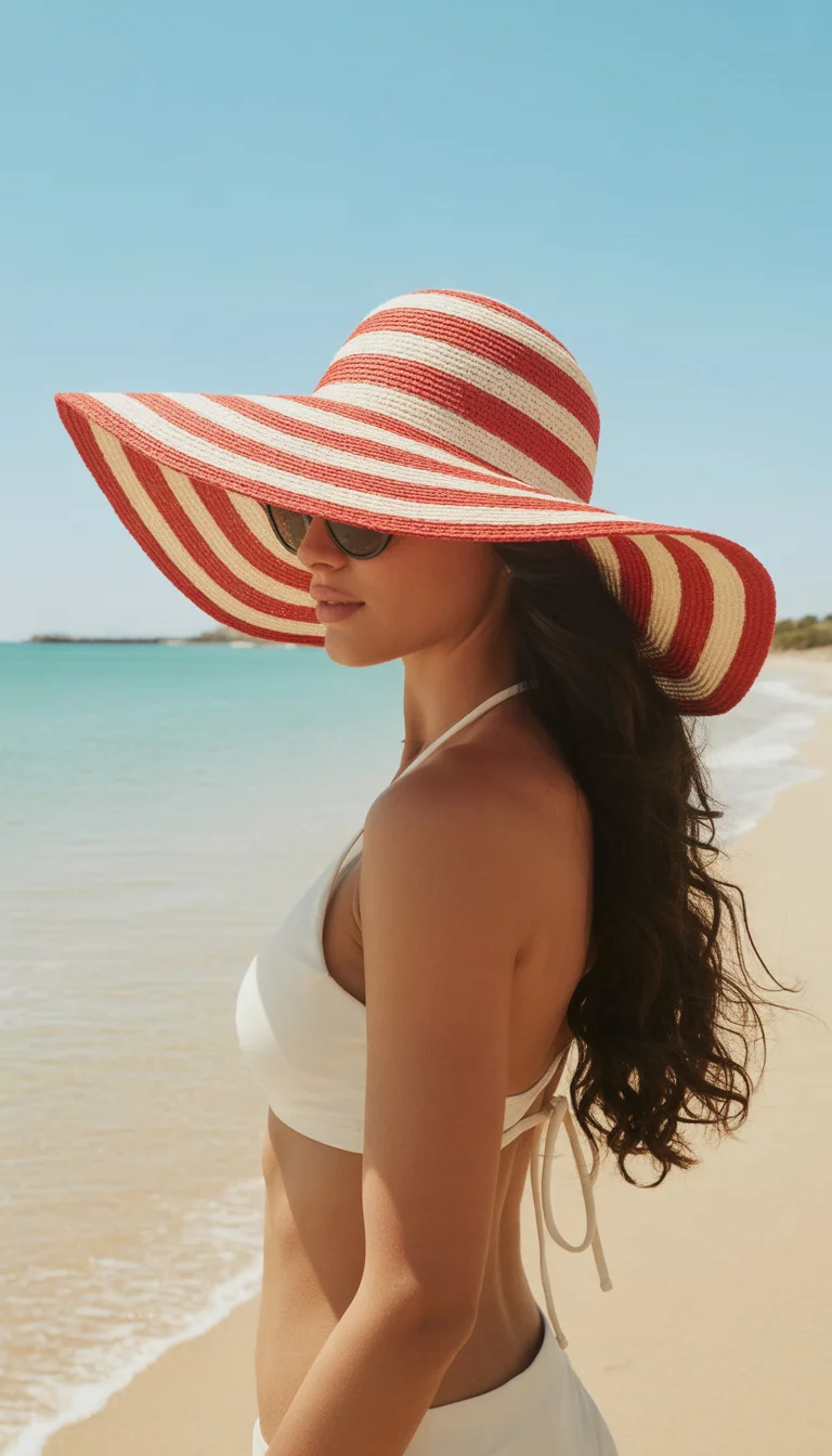 A beautiful woman with long dark hair, summer beach, wears a large, floppy red and white striped sun hat and black sunglasses, paired with a white bikini top.