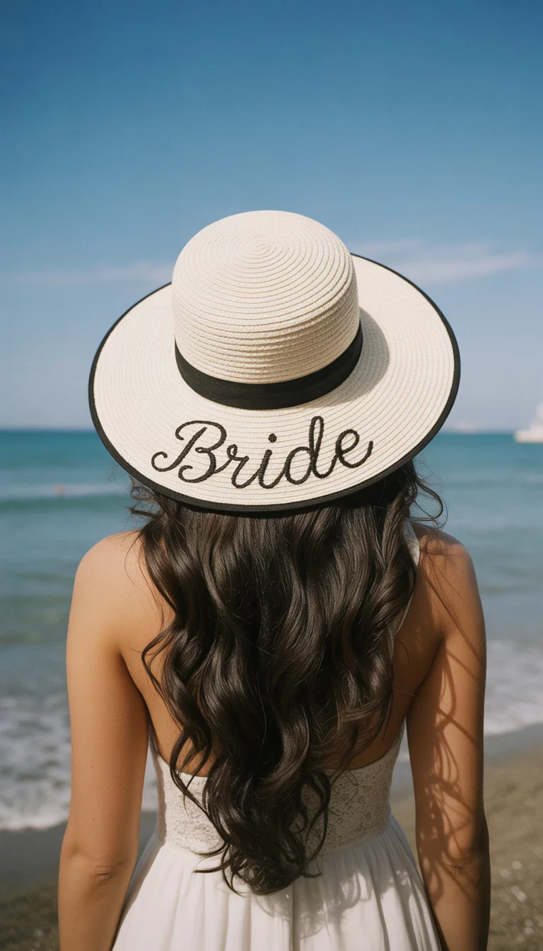 A beautiful woman with long dark hair seen from the back, summer beach, wearing a wide-brimmed white straw sun hat with black trim and 'Bride' embroidered on the back.