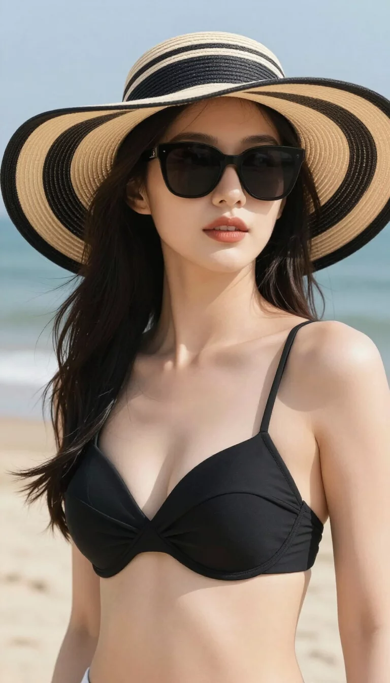 A beautiful woman with long dark hair, summer beach, wears a wide-brimmed black and natural striped sun hat and black sunglasses, paired with a structured black bikini top.