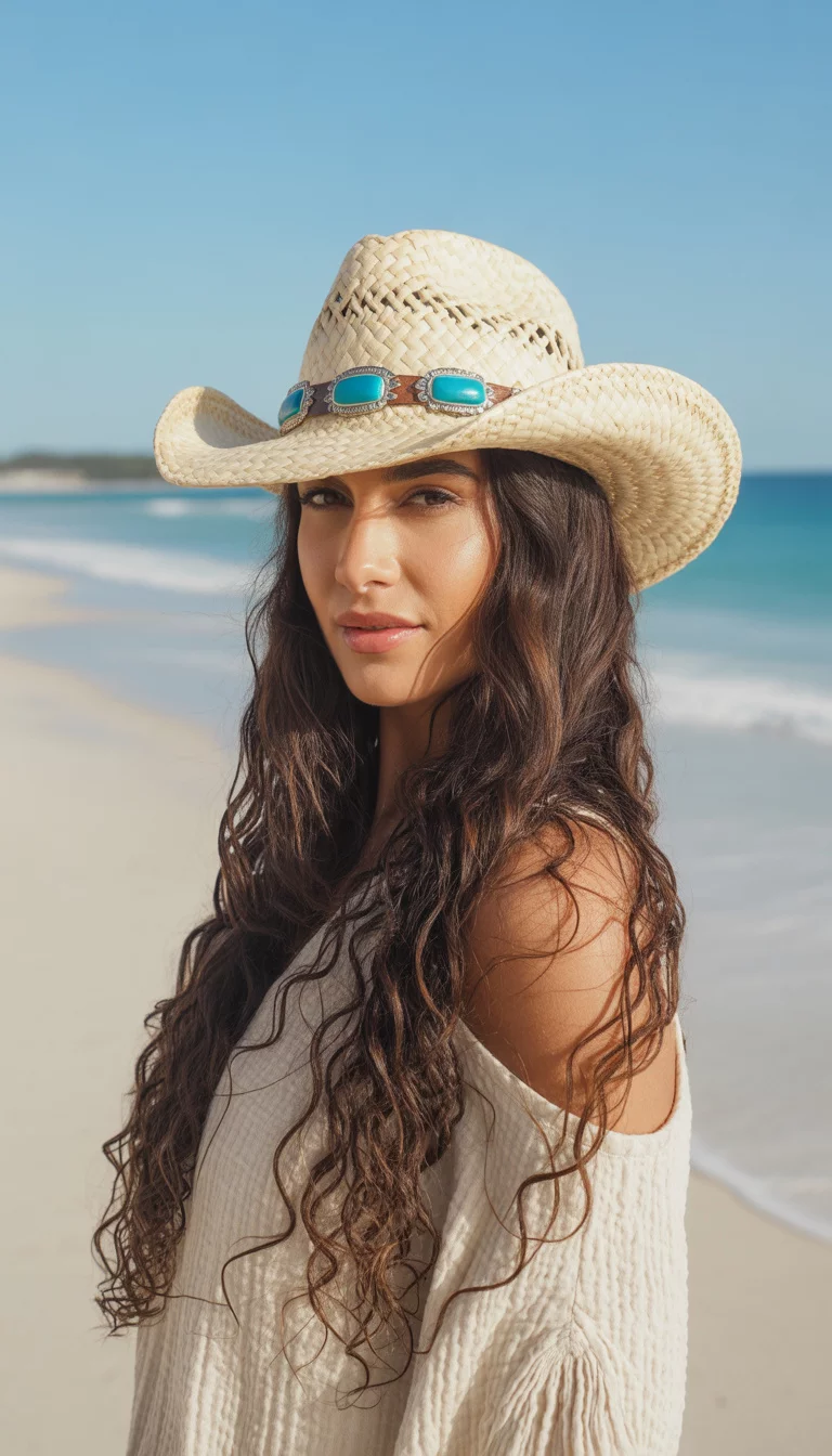 A beautiful woman with long wavy dark brown hair, summer beach, wears a natural woven cowboy hat featuring a turquoise and silver concho band, paired with an off-the-shoulder top.