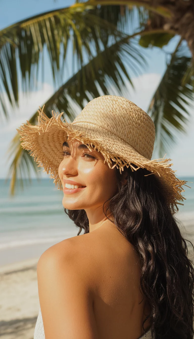 A beautiful woman with long dark hair, summer beach, wears a natural straw bucket hat with a heavily frayed, fringed brim, posing outdoors near palm trees.