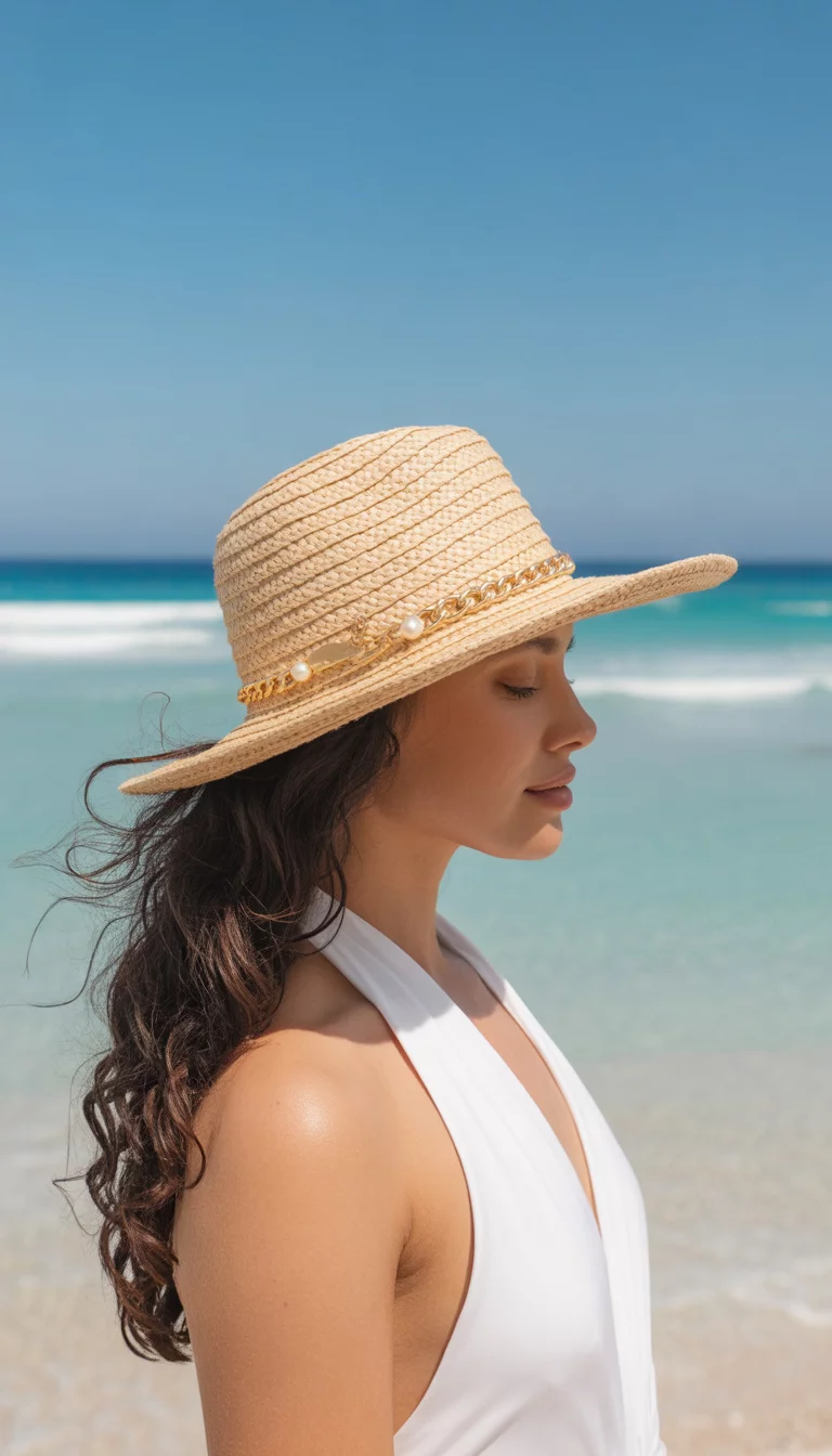 A beautiful woman with long dark hair, summer beach, wears a wide-brimmed natural straw sun hat accented with a gold chain and pearls, paired with a white halter swimsuit.