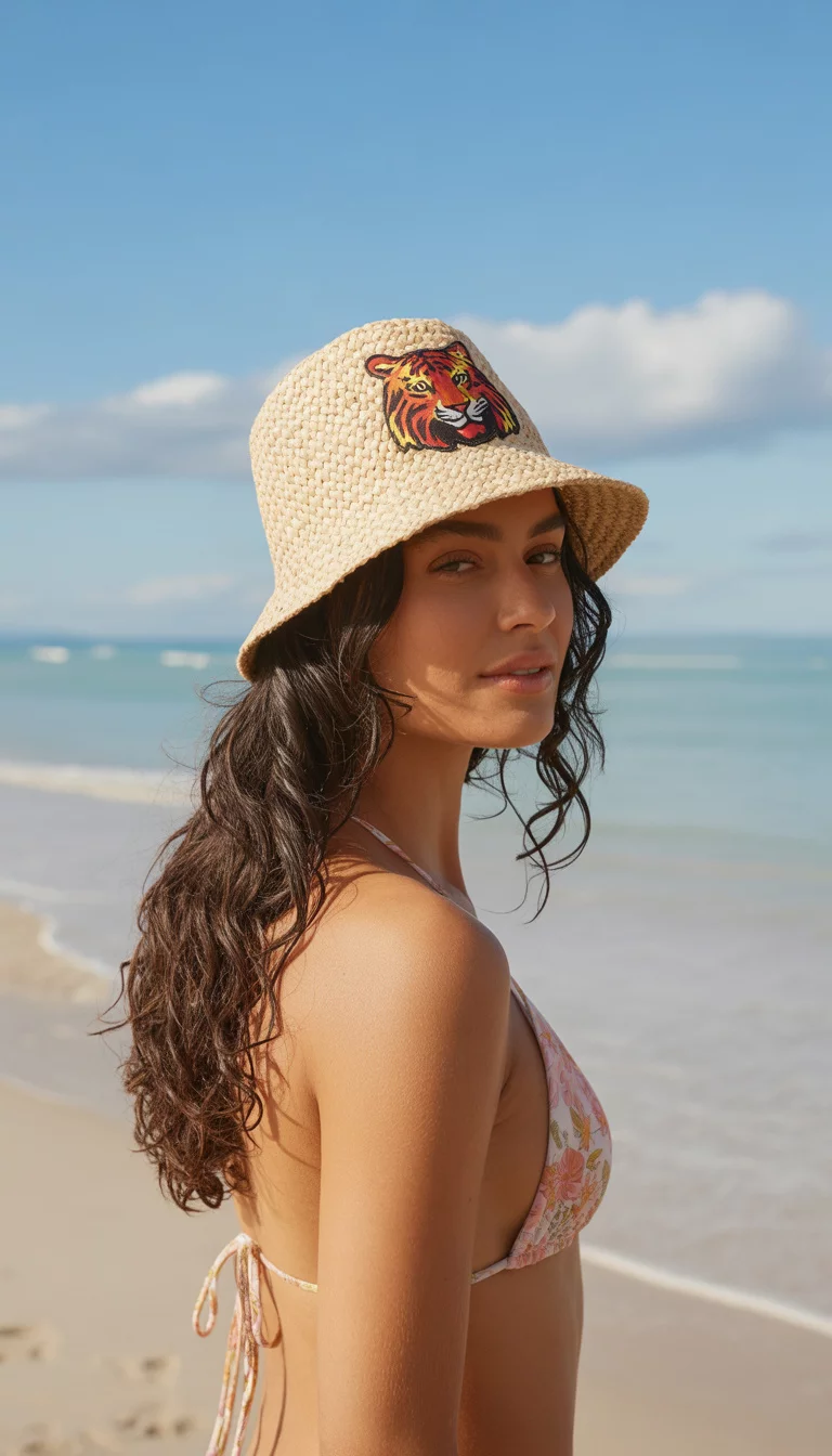 A beautiful woman with long dark hair, summer beach, wears a natural straw bucket hat featuring a colorful tiger-style patch, paired with a pink floral string bikini top.