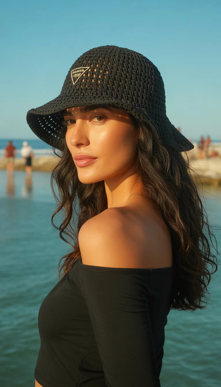 A beautiful woman with long dark wavy hair, summer beach, wears a black open-crochet bucket hat with a small triangle logo, paired with a black off-the-shoulder top.