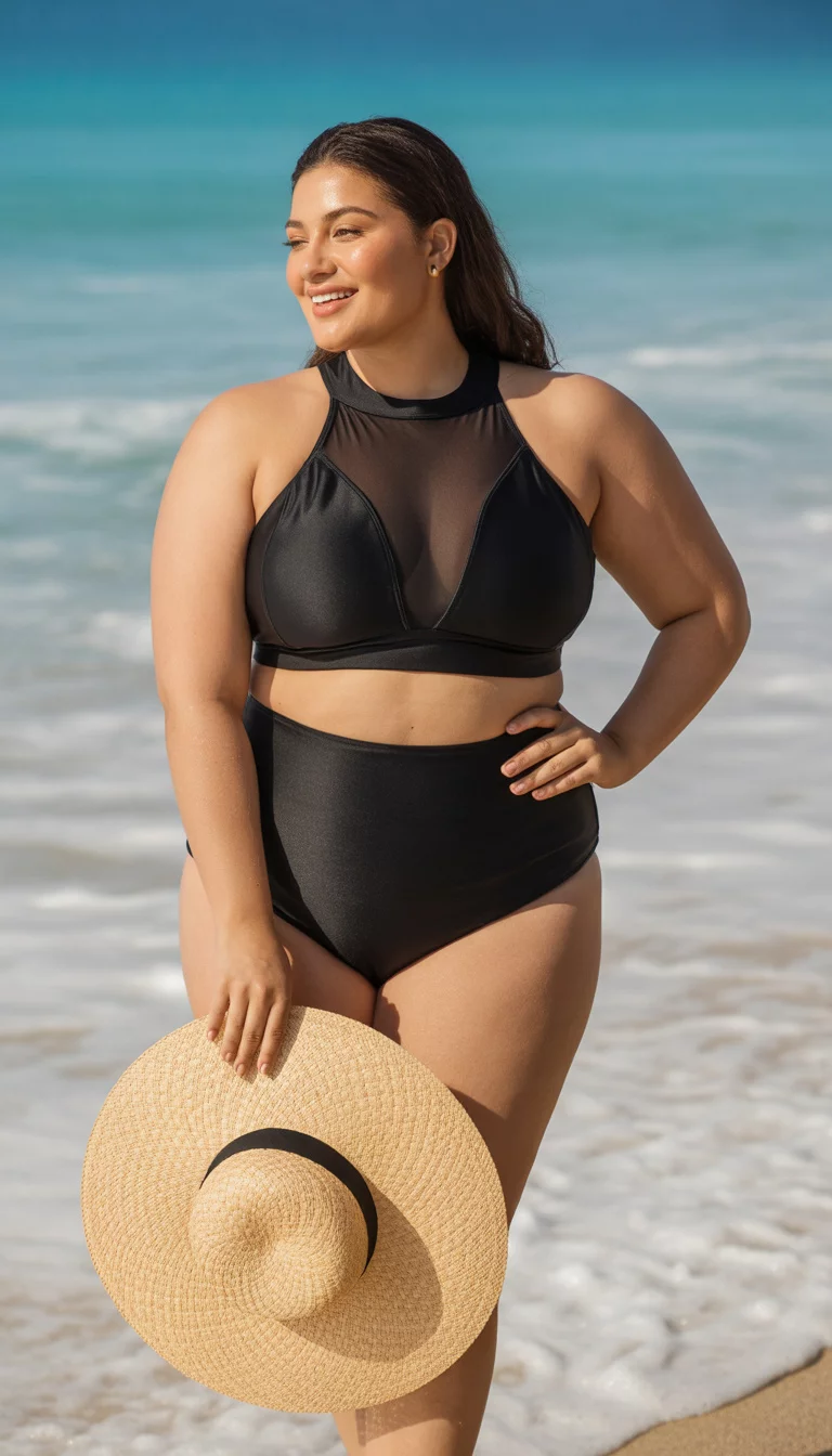 Black Mesh Neckline and High Waisted Bottoms A beautiful plus size woman in a black two piece swimsuit with a high neck mesh paneled top and high waisted bottoms, she holds a large straw sun hat while standing on a summer beach.