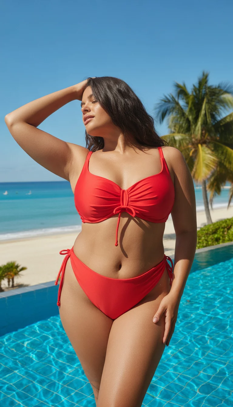 Red Ruched Underwire Top with Center Bow A beautiful plus size woman in a bright red tie side bikini featuring a ruched underwire top with a center bow detail, posing near a luxury pool on a summer beach.
