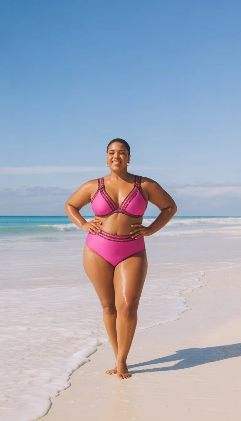 Vibrant Pink with Dark Pink Contrasting Trim A beautiful plus size woman in a vibrant pink bikini with contrasting darker pink trim on the edges of the supportive triangle style top and high waisted bottoms, summer beach.